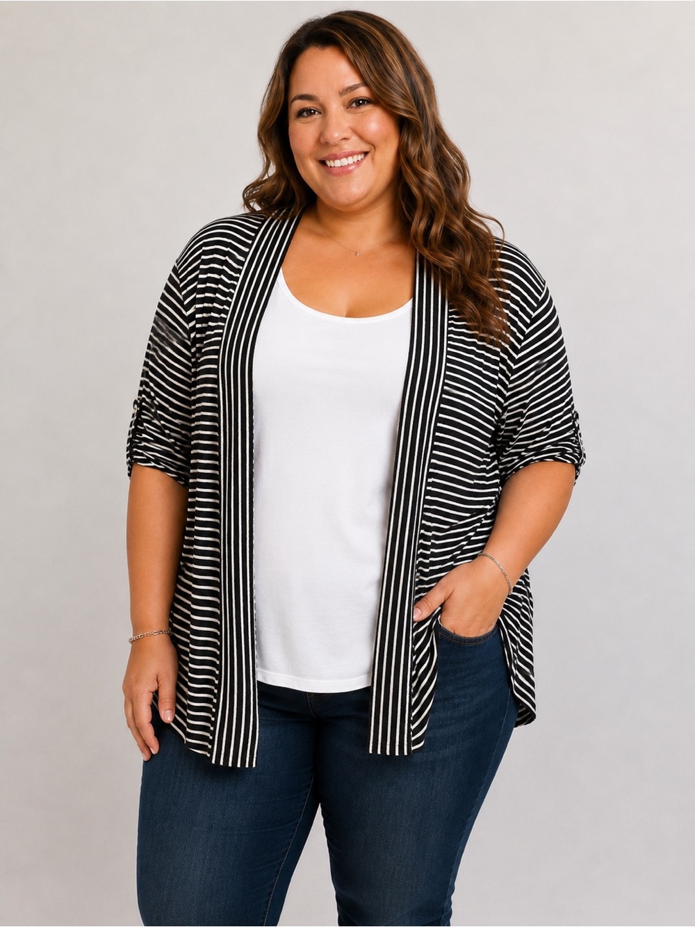 Red Coral Black & White Striped Open Cardigan – Size Large